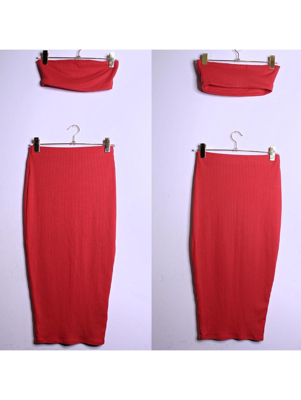 Red Ribbed Knit Tube Top and Midi Skirt Coord Set - Small